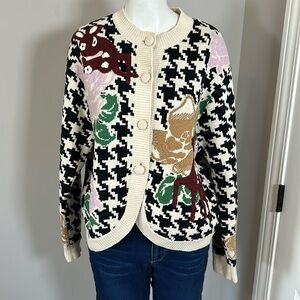 UOOYAA PATCHWORK Sweater Hand Knitted Deer Floral Cardigan Woodland Sz S NEW